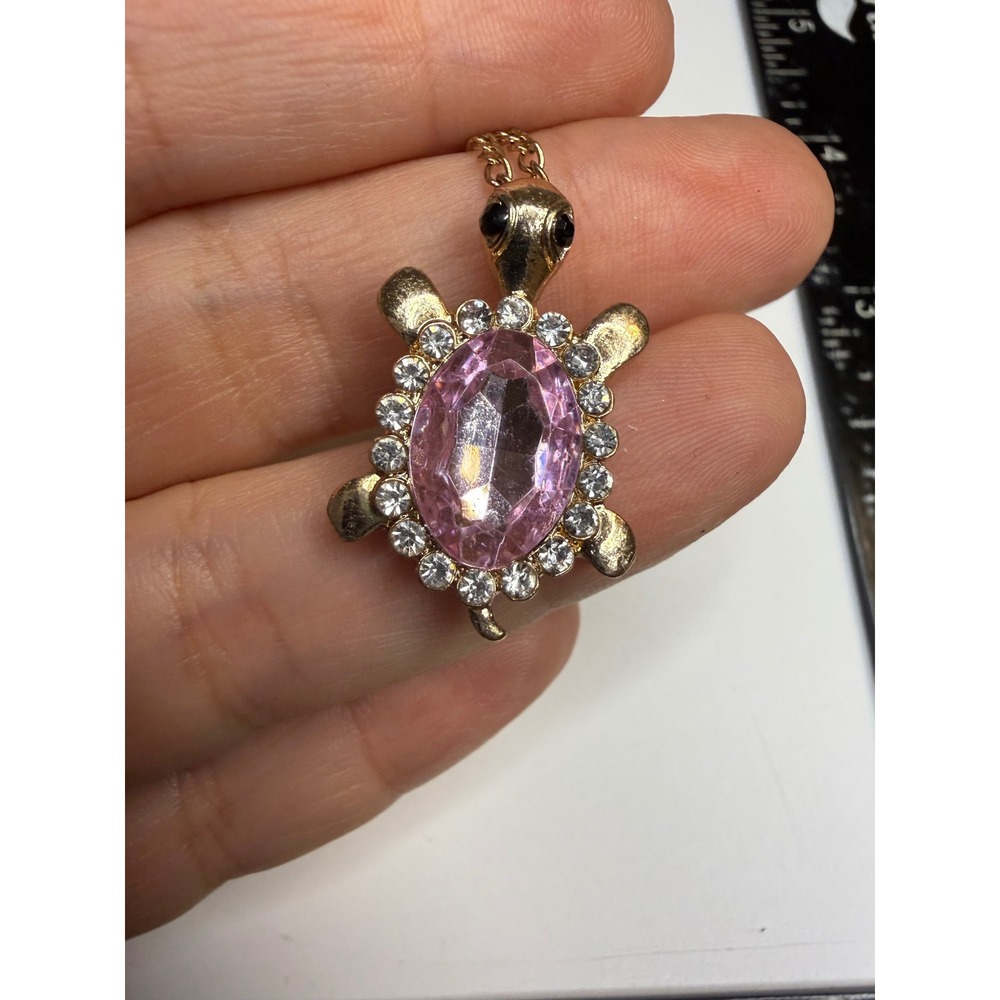 Adult Jewels Gold Tone Pink Crystal Rhinestone Turtle Pendant Necklace